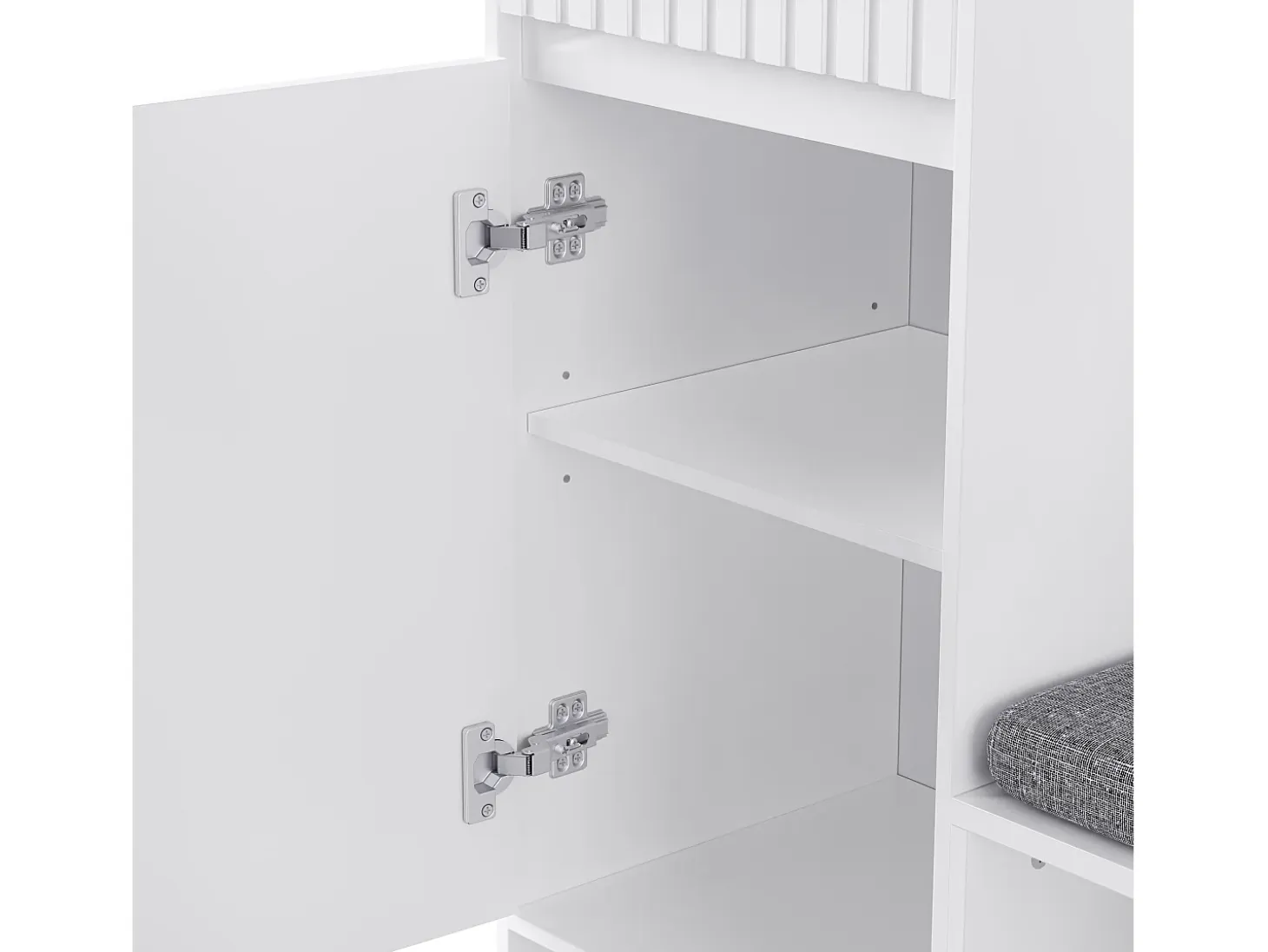 Perchero de pasillo con banco tapizado, 4 ganchos, cajones y puertas - blanco - 100x35x180 cm