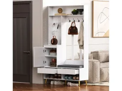 Perchero de pasillo con banco tapizado, 4 ganchos, 2 cajones - blanco - 100x35x180 cm