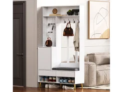 Perchero de pasillo con banco tapizado, 4 ganchos, 2 cajones - blanco - 100x35x180 cm