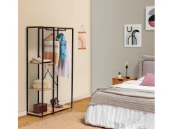 Perchero Lola con banco 3 estantes, color roble/negro, 167 cm altura