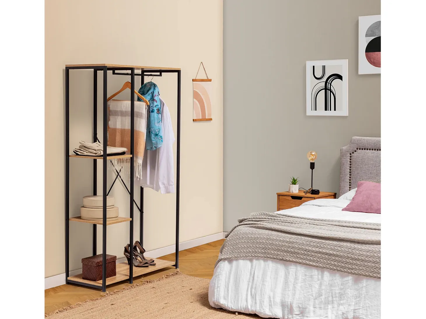 Perchero Lola con banco 3 estantes, color roble/negro, 167 cm altura