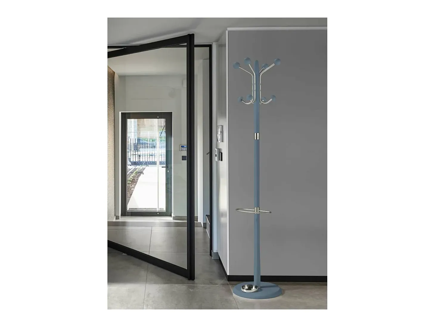Perchero mod. 421 con paragüero herrajes en cromo satinado lacado azul, 180 cm(alto)37 cm