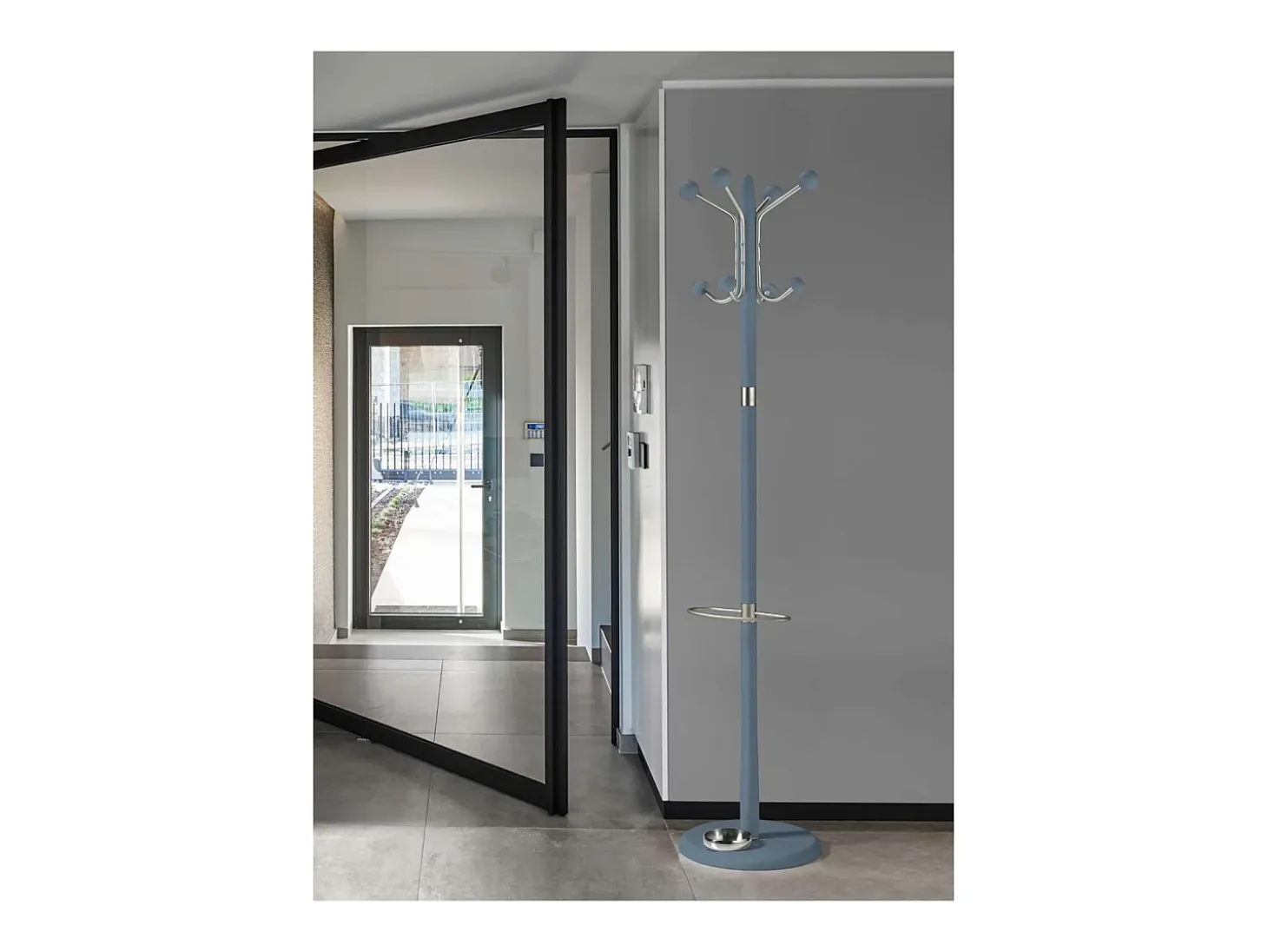 Perchero mod. 421 con paragüero herrajes en cromo satinado lacado azul, 180 cm(alto)37 cm