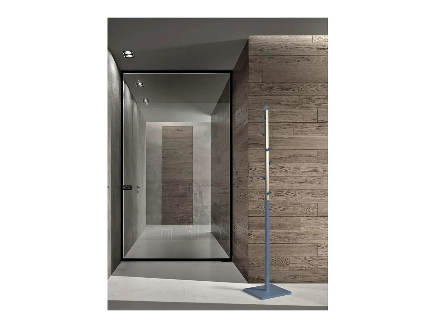 Perchero moderno mod. 428 herrajes en cromo satinado lacado azul, 180 cm(alto)34 cm(ancho)