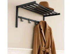 Perchero Pared 4 ganchos y Estante Metal Negro 69x33x34 cm