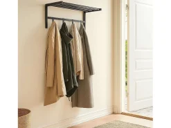 Perchero Pared 4 ganchos y Estante Metal Negro 69x33x34 cm