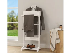Perchero portátil con almacenaje, diseño multifuncional, MDF y madera maciza, blanco (44x36,5x110 cm)