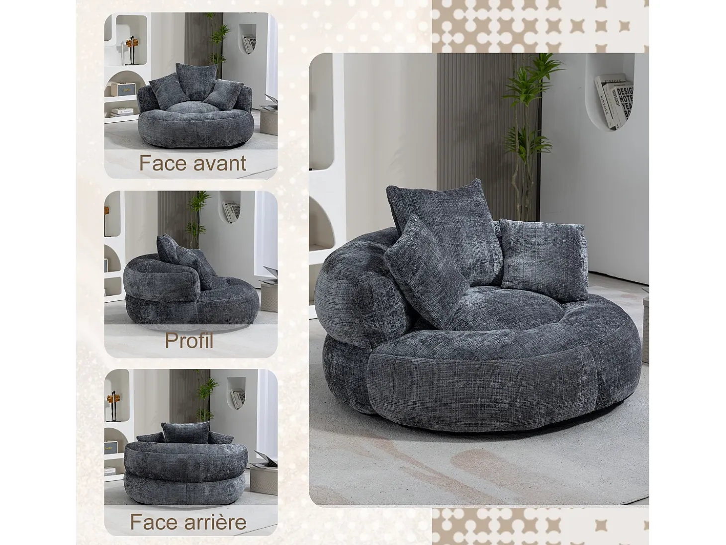 Puf Sillón Alto Gris - Modelo Grande - Incluye 3 Cojines - Ultra Suave y Multiusos - para Adultos y Niños