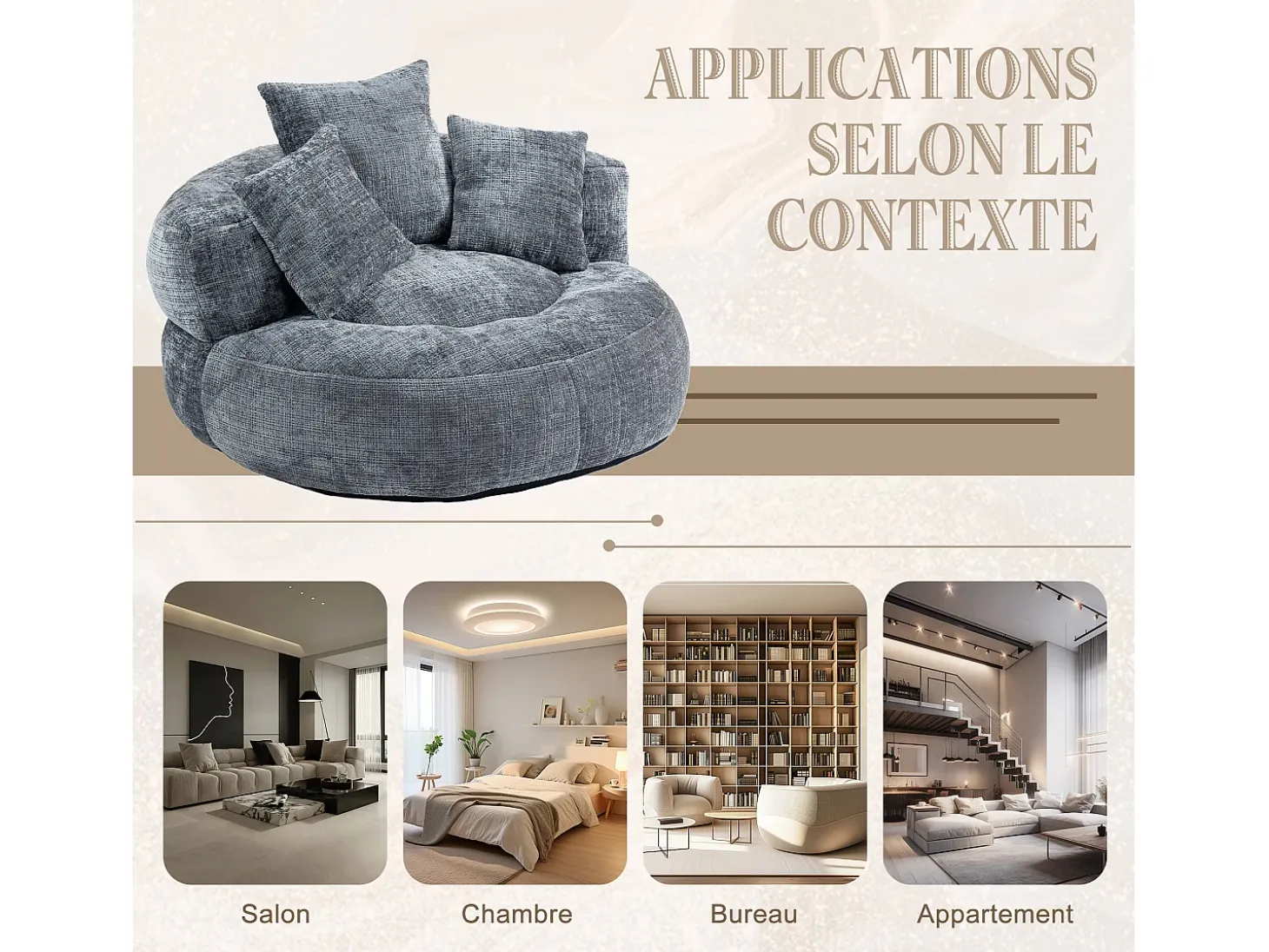 Puf Sillón Alto Gris - Modelo Grande - Incluye 3 Cojines - Ultra Suave y Multiusos - para Adultos y Niños