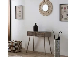 Recibidor De Madera Y Rejilla De Bambu Con 2 Cajones Gris
