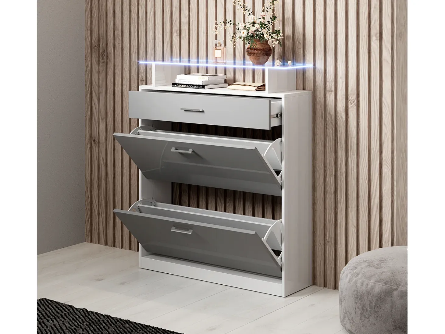 Recibidor zapatero para Entrada Pasillo en Blanco y Gris con LED 89x24x105cm Paola