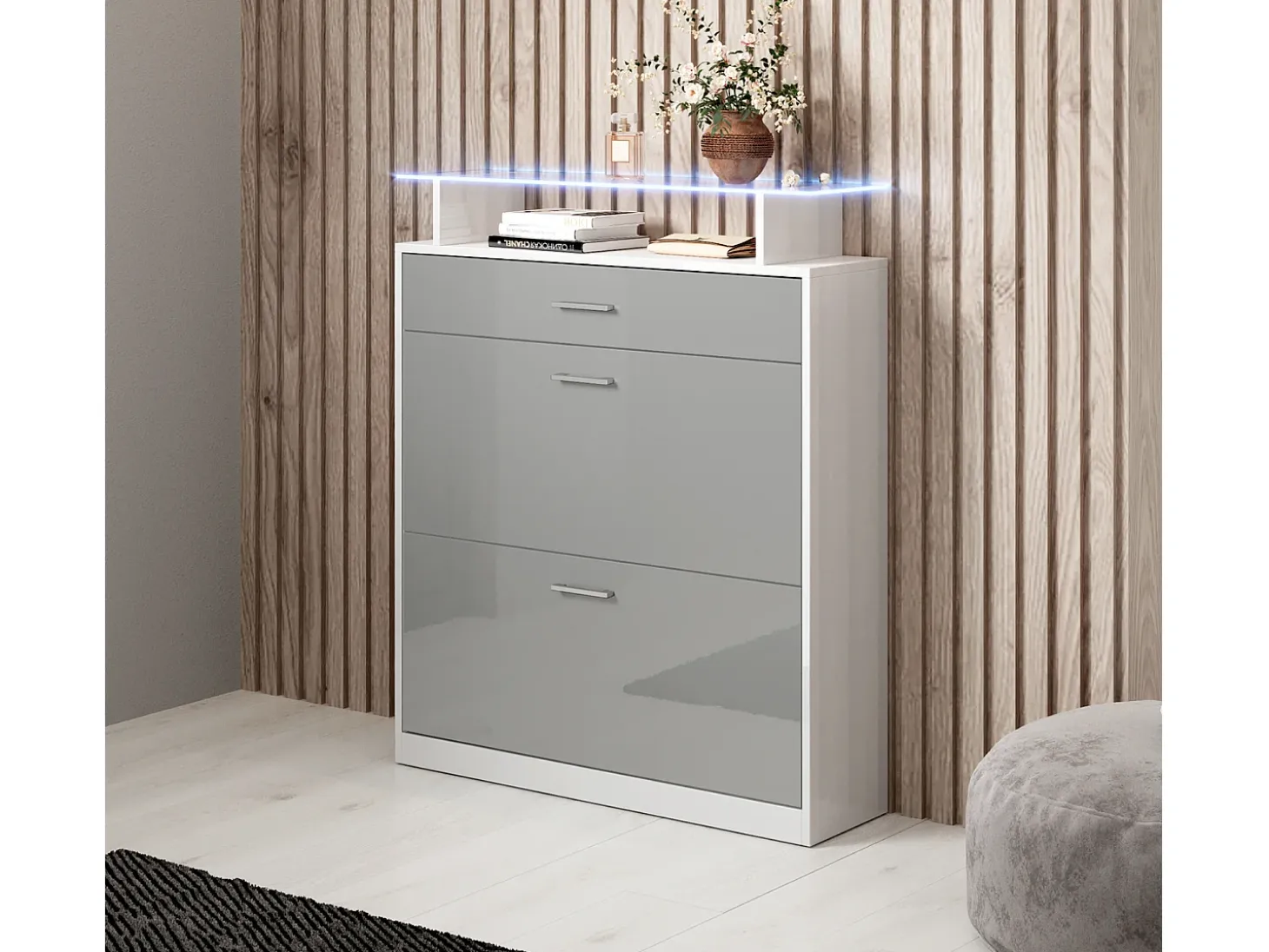 Recibidor zapatero para Entrada Pasillo en Blanco y Gris con LED 89x24x105cm Paola