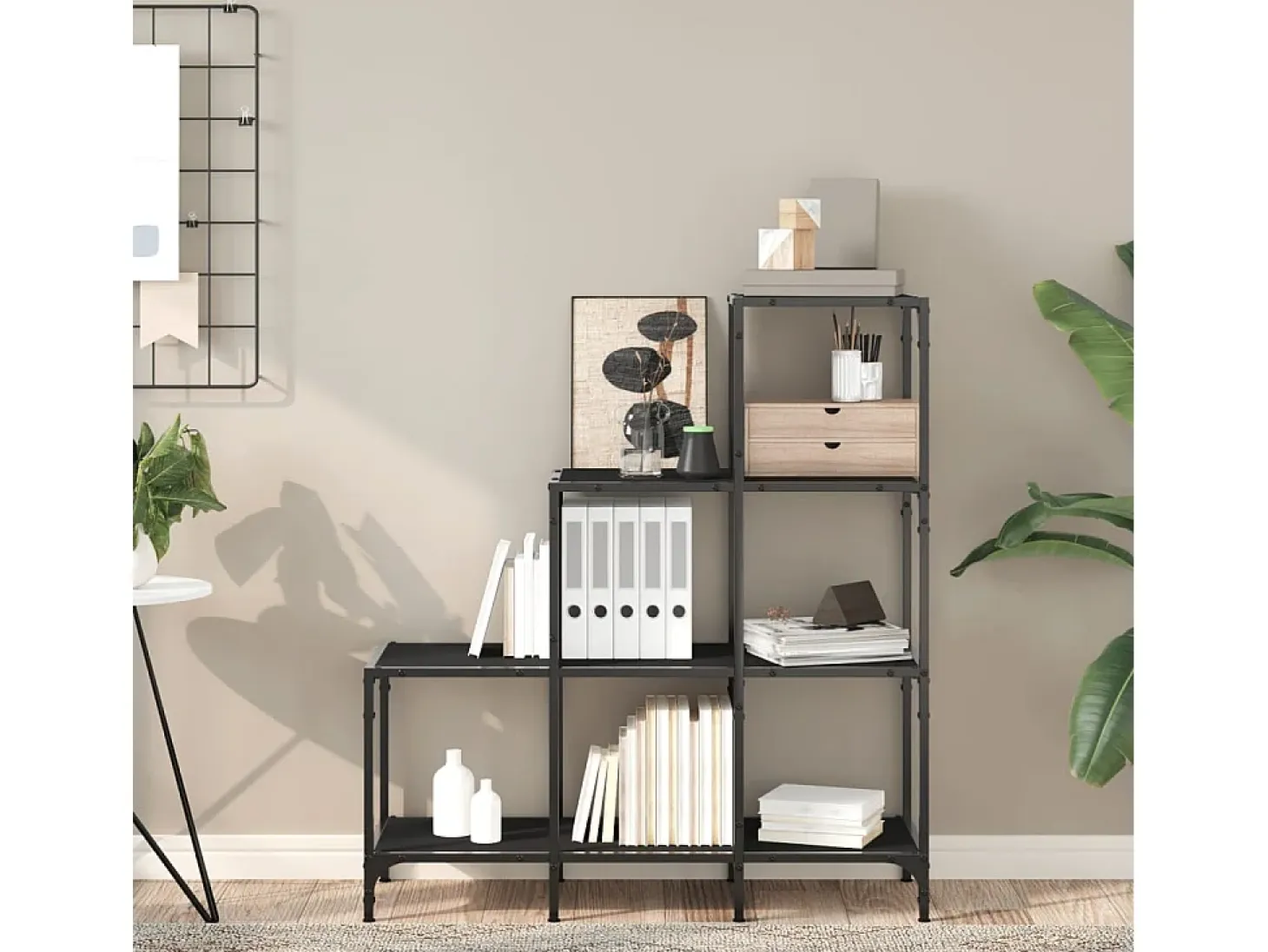 Rylanor Estantería de madera de ingeniería y metal negro 92x30x102 cm