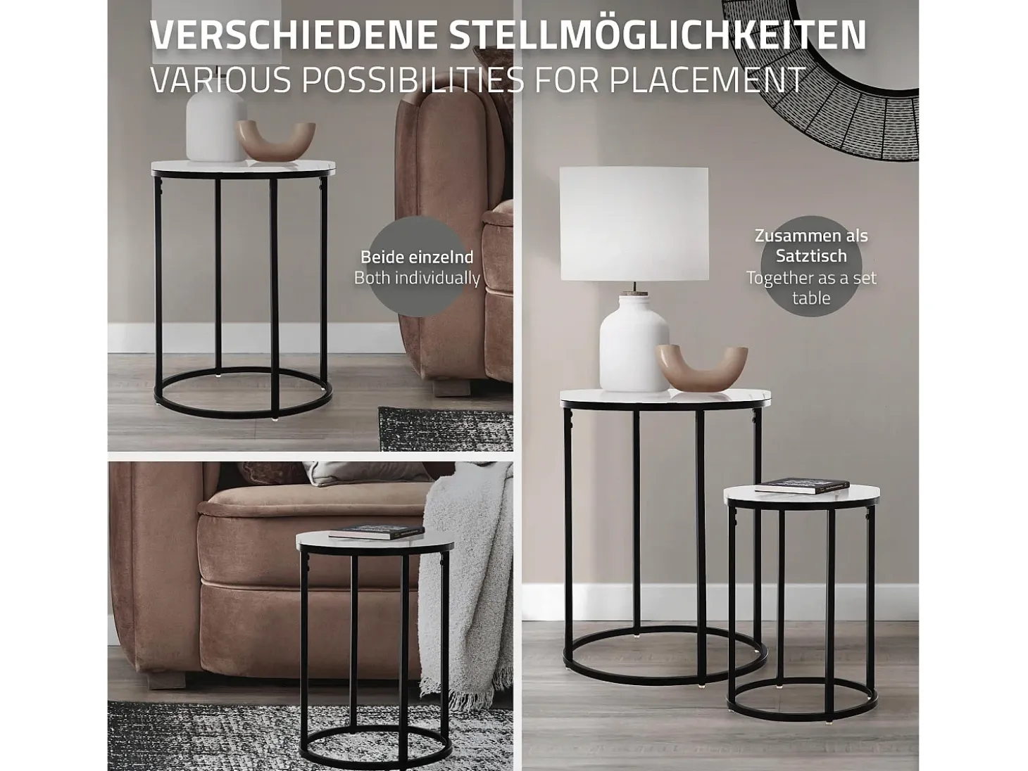 Set 2 mesas auxiliares de centro diseño mármol Estructura de metal Ø30 / Ø40 cm