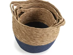 Set de 3 cestas Anxo de fibra natural con asas, azul/natural