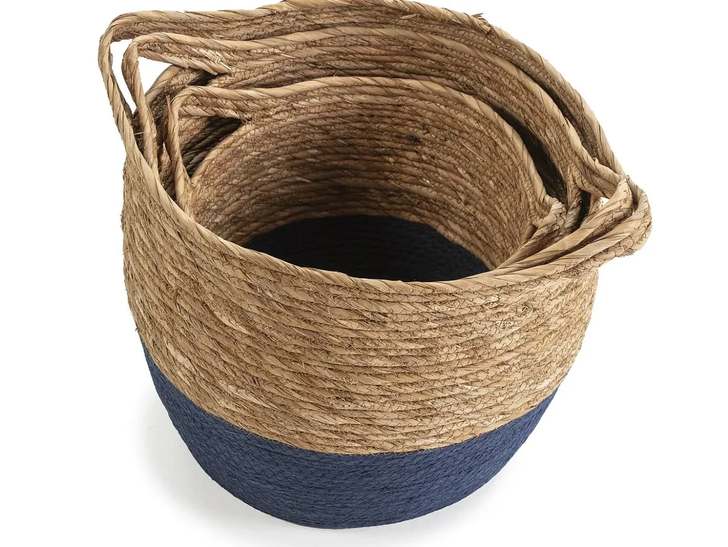 Set de 3 cestas Anxo de fibra natural con asas, azul/natural