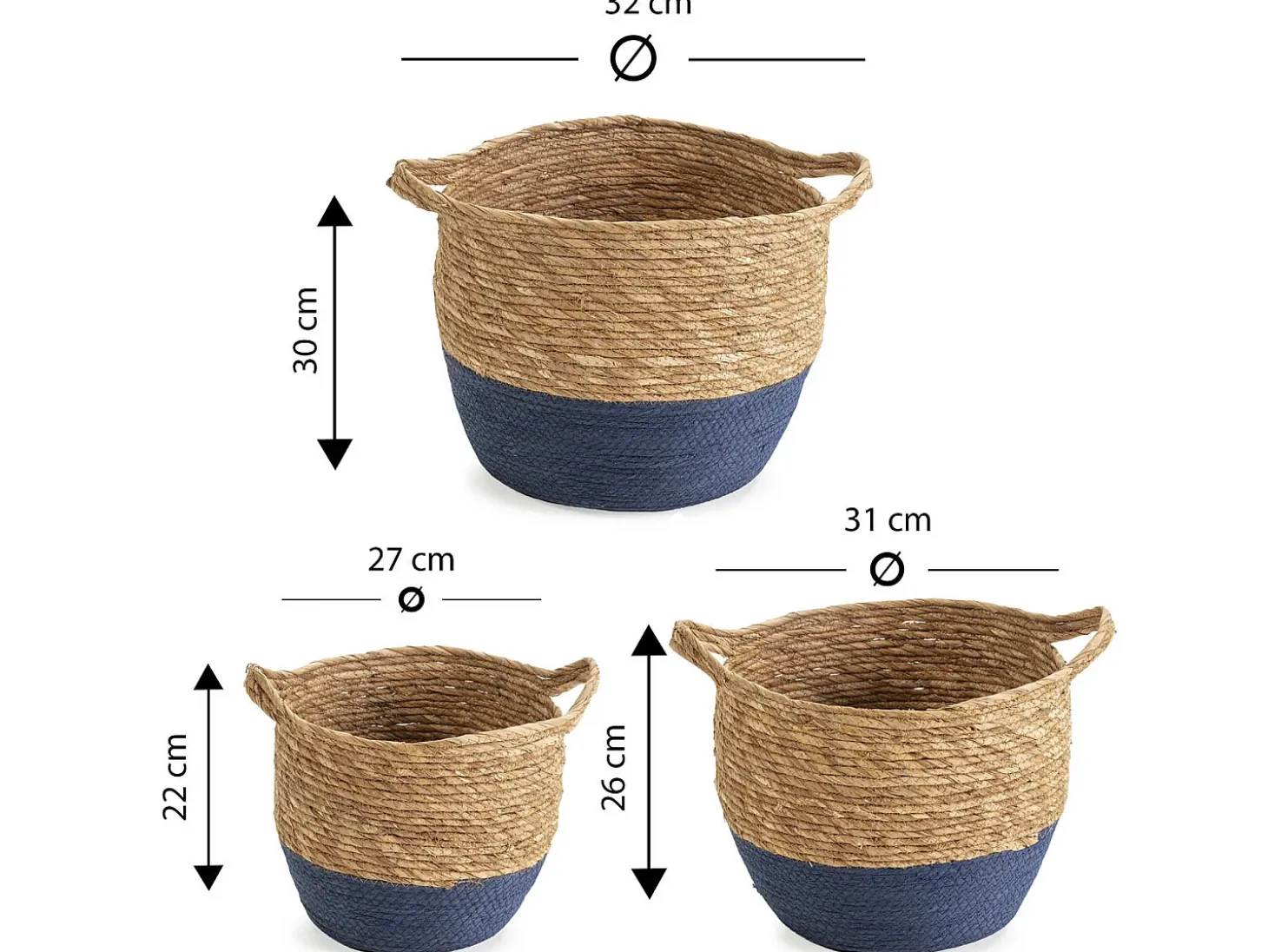 Set de 3 cestas Anxo de fibra natural con asas, azul/natural
