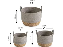 Set de 3 cestas Neves de fibra natural y papel, gris/natural