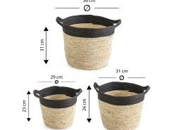Set de 3 cestas Otilia de fibra natural y papel, negro/beige con asas