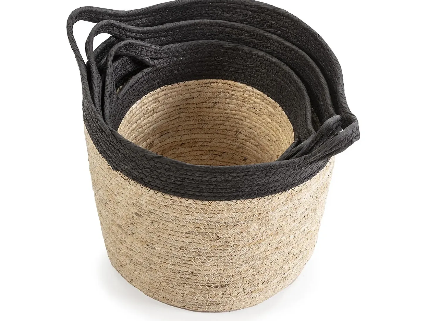 Set de 3 cestas Otilia de fibra natural y papel, negro/beige con asas