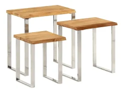 Set de 3 mesas apilables con borde natural madera maciza acacia