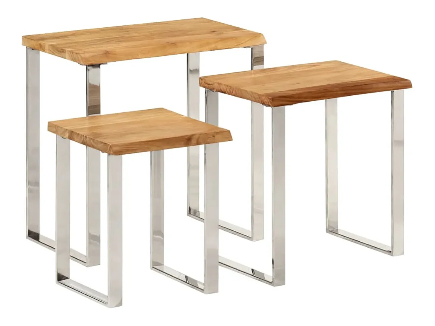 Set de 3 mesas apilables con borde natural madera maciza acacia