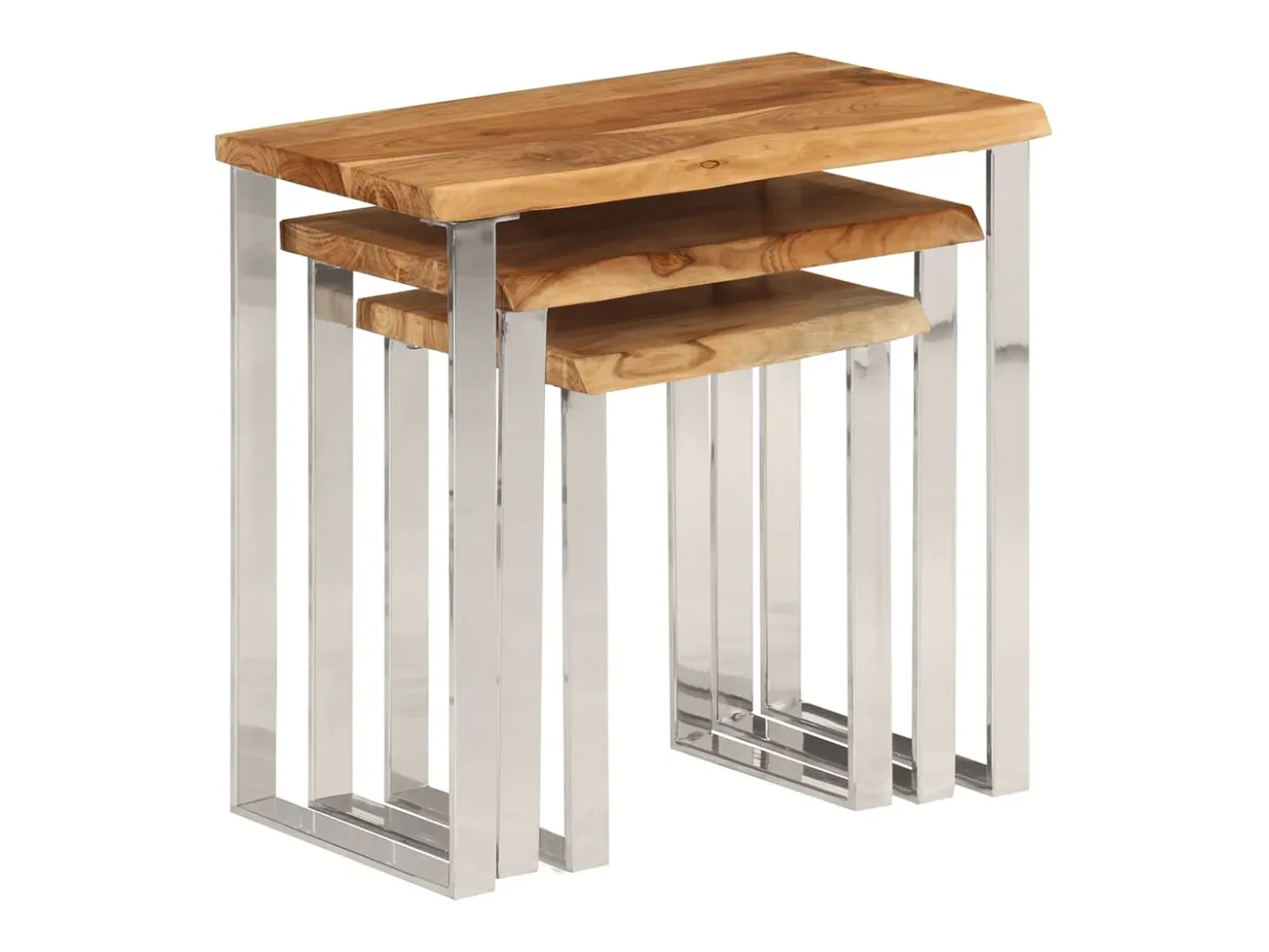 Set de 3 mesas apilables con borde natural madera maciza acacia