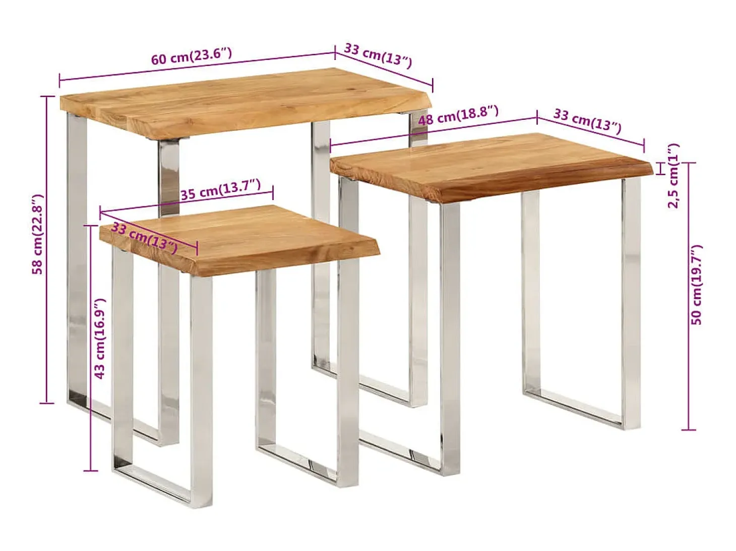 Set de 3 mesas apilables con borde natural madera maciza acacia