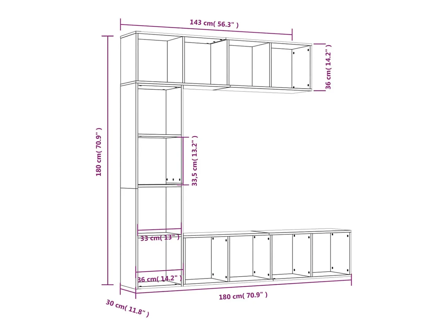 Set de estanteria/mueble TV 3 pzas roble ahumado 180x30x180 cm