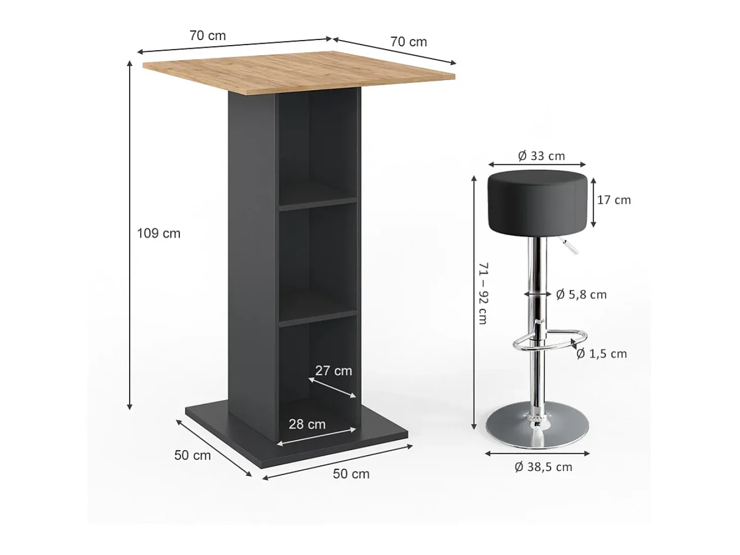 Set de mesa de bar antracita 70x70x109 rodeo