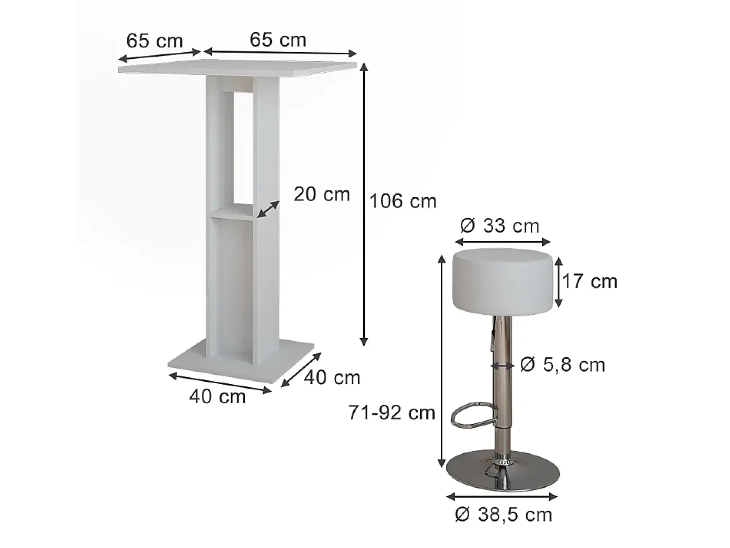 Set de mesa de bar blanco 65x65x106 repose