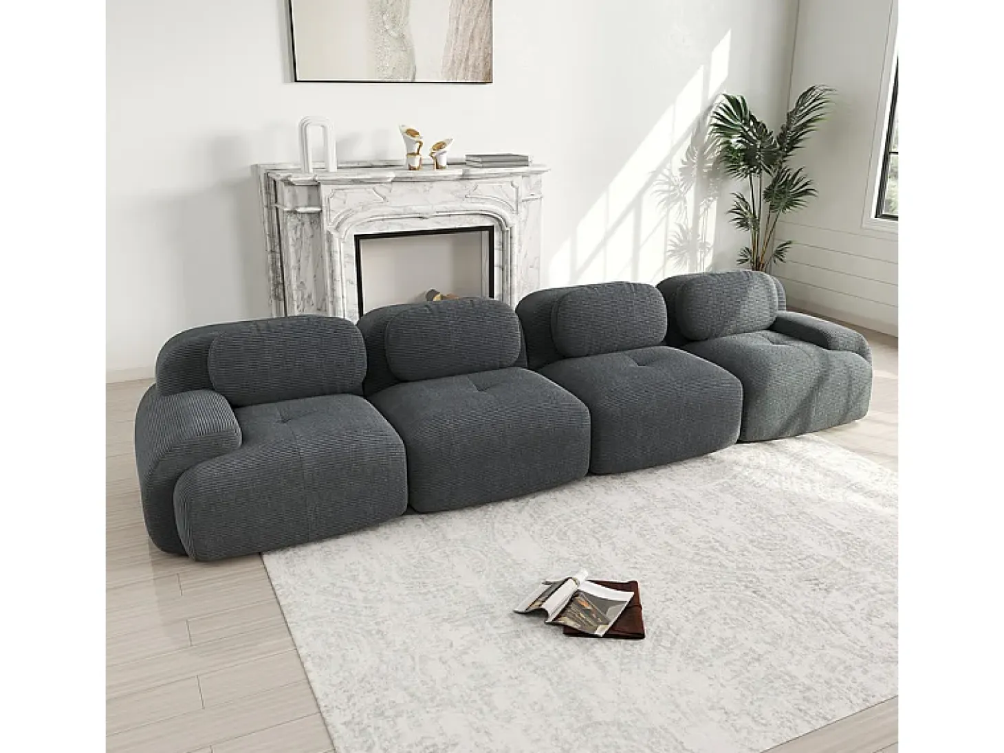 Set de Sofá Modular de Pana Acanalada: Pouf - 92.5x75x44cm - Beige