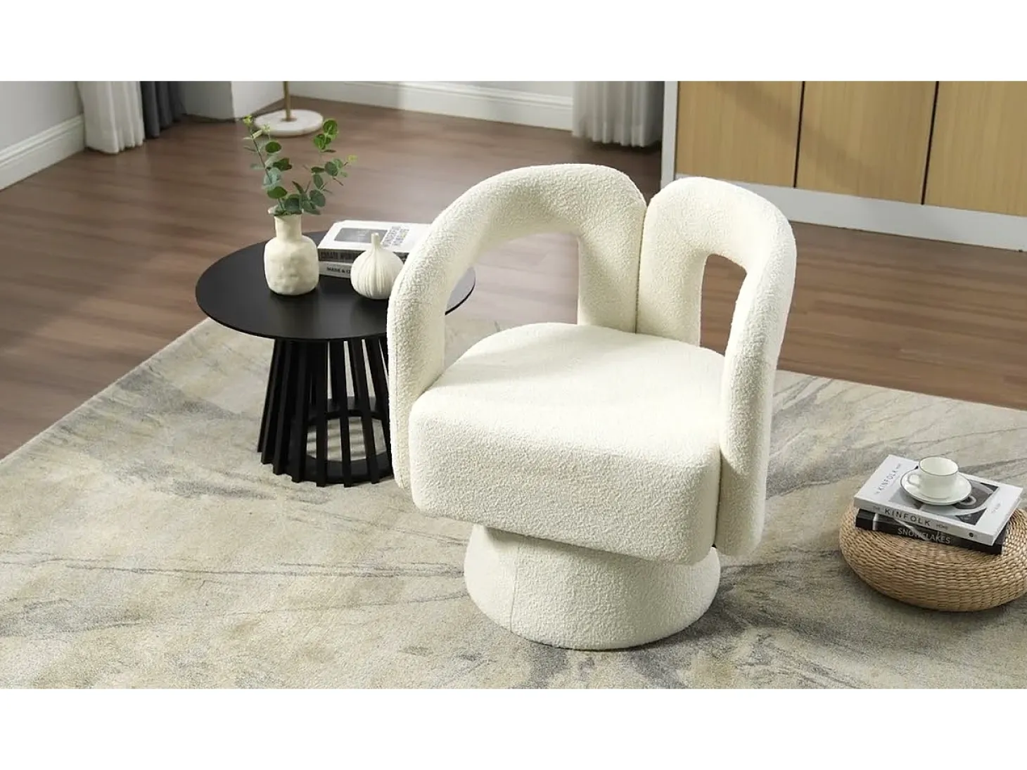Silla giratoria 360°, sillón giratorio en tejido bouclé, sillón lounge con reposabrazos, sillón relax de respaldo alto con apoyabrazos