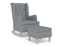 Sillón con patas mecedoras y taburete de tela gris claro
