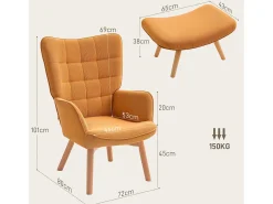 Sillón con reposapiés en pana, patas de madera, color marrón
