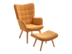 Sillón con reposapiés en pana, patas de madera, color marrón