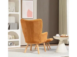 Sillón con reposapiés en pana, patas de madera, color marrón