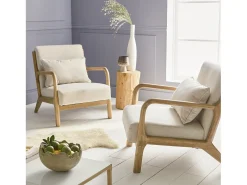 Sillón de diseño de madera y tela beige