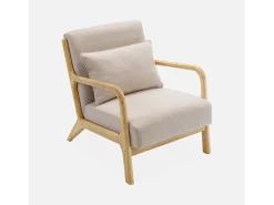 Sillón de diseño de madera y tela beige