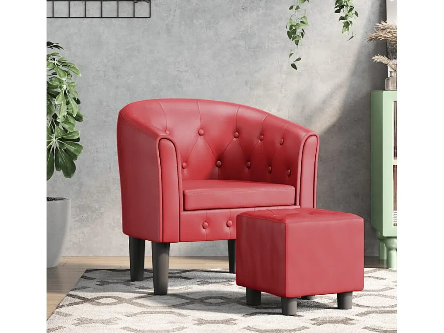 Sillón de salón diseño de cubo con reposapiés cuero sintético rojo tinto SHL3561