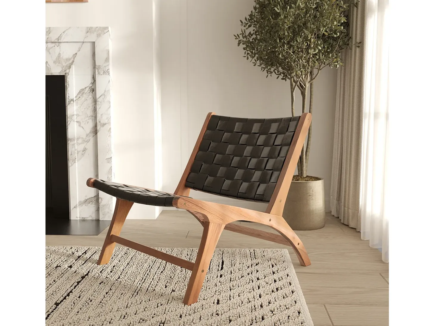 Sillón de teca y cuero tejido negro - Kuna