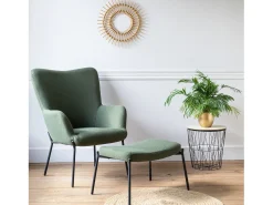 Sillón de tejido bouclé tela verde caqui con reposapiés EIRA