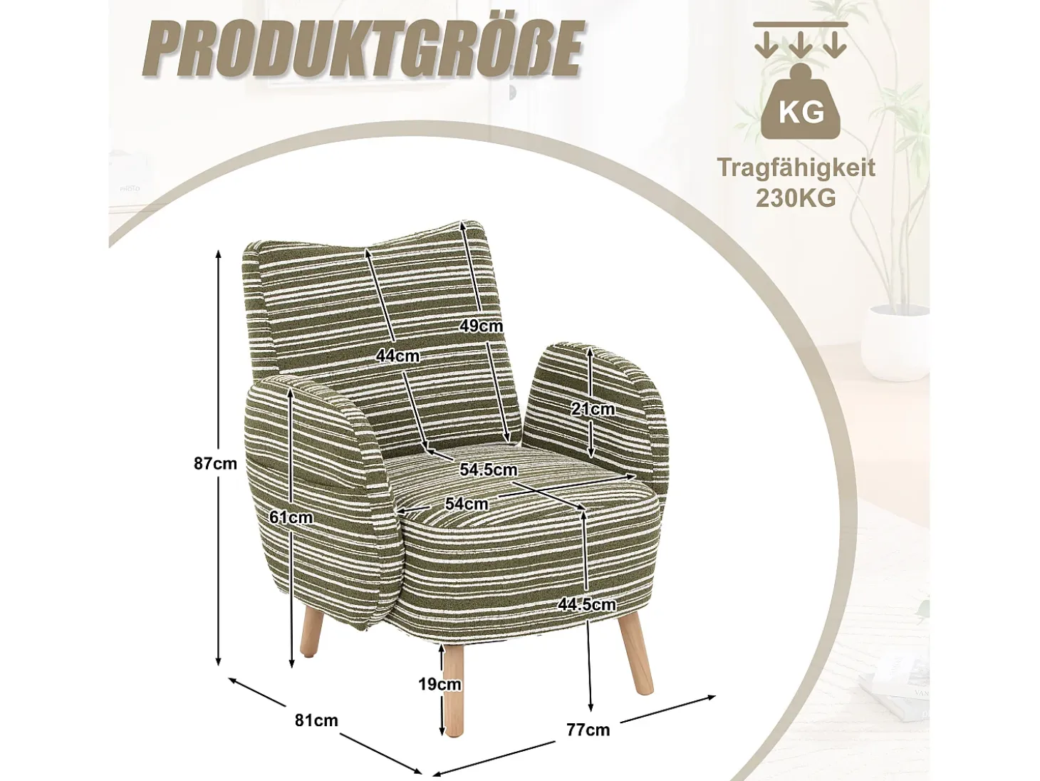 Sillón en tejido bouclé verde oliva - Patas de madera - Para salones, dormitorios y despachos
