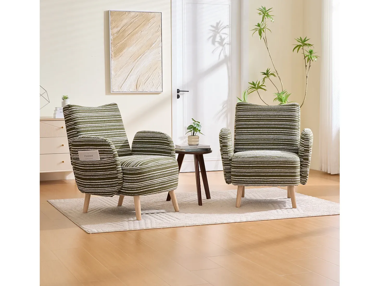 Sillón en tejido bouclé verde oliva - Patas de madera - Para salones, dormitorios y despachos