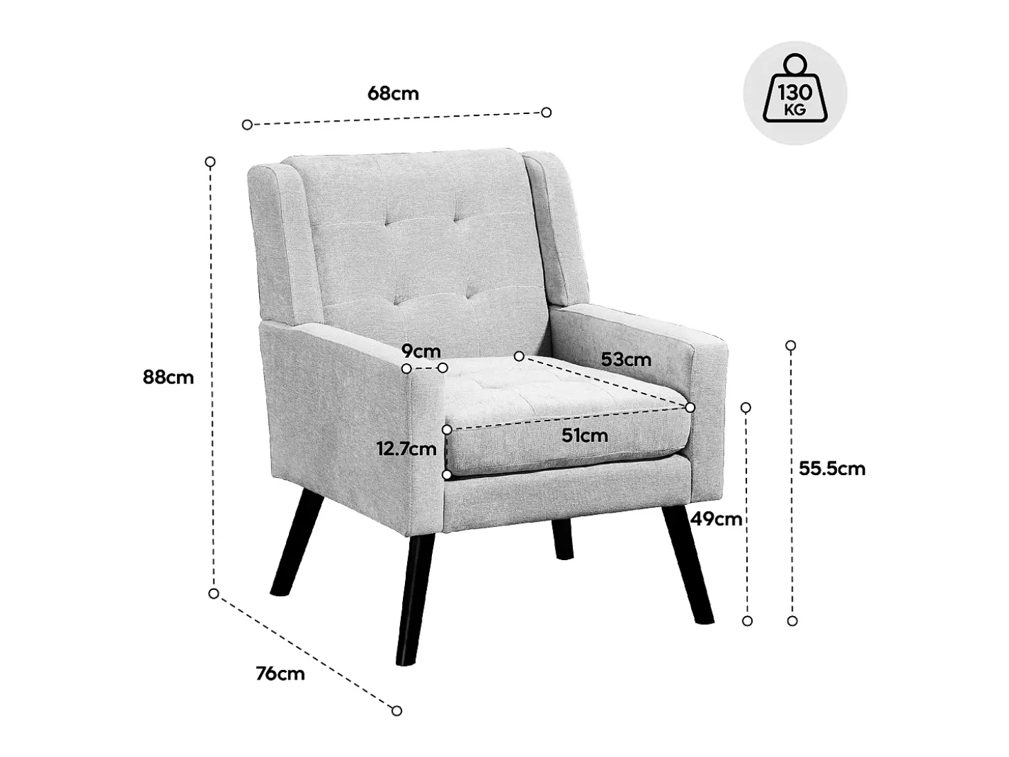 Sillón en tejido de lino gris claro con patas de madera.