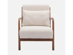 Sillón escandinavo de borreguito y madera de hevea crema