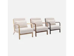 Sillón escandinavo de borreguito y madera de hevea crema