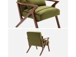 Sillón escandinavo de madera de hevea y terciopelo verde kaki