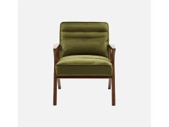 Sillón escandinavo de madera de hevea y terciopelo verde kaki