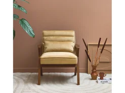 Sillón escandinavo de madera de hevea y terciopelo camel
